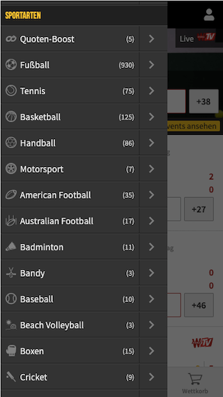 Wettprogramm der Winamax Sportwetten App für Android & iPhone