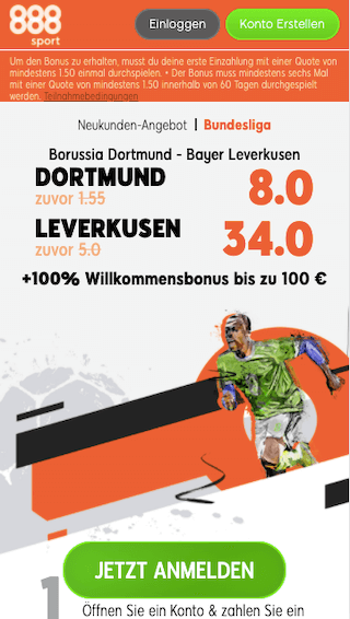 Quotenboost für Neukunden bei Borussia Dortmund - Bayer Leverkusen in der 888sport App für Android & iPhone