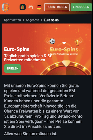 Freiwetten bei den EURO-Spins in der Betano App für Android & iPhone gewinnen