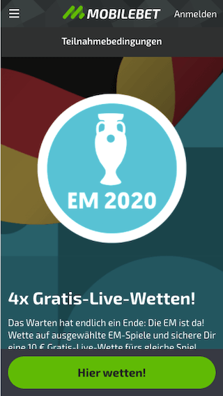 4x 10 Euro Graits-Live-Wetten zur EM 2021 mit der Mobilebet App für Android & iPhone