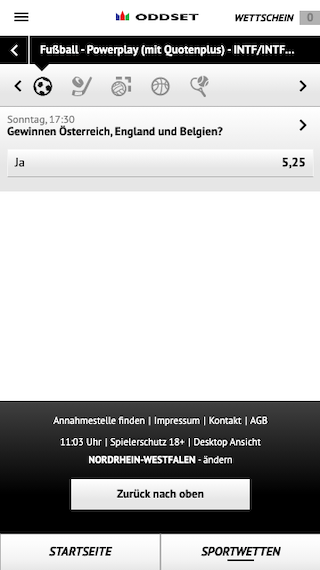 Quotenboost für die EM-Testspiele von Österreich, England und Belgien in der Oddset App für Android & iPhone