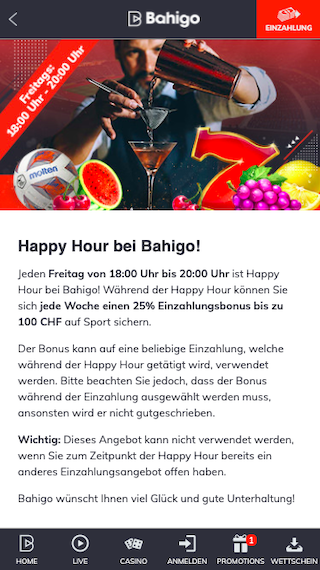 25% Bonus für deine Einzahlung zur Happy Hour in der Bahigo App für Android & iPhone