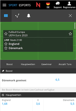 Top-Quote für das EM 2021 Halbfinale England - Dänemark in der NEO.bet App für Android & iPhone
