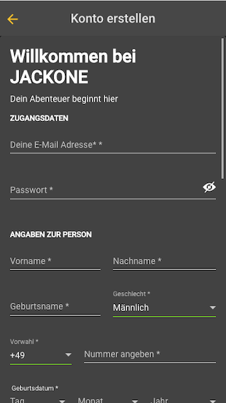 Registrierung in der Wetten App von Jackone für Apple und iOS