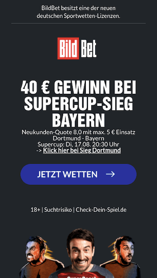 Quotenboosts für den Supercup BVB Dortmund - Bayern München in der Bildbet App für Android & iPhone