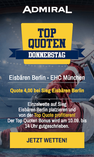 Quotenboost für Eisbären Berlin - EHC München am Top-Quoten-Donnerstag in der Admiralbet App für Android & iPhone