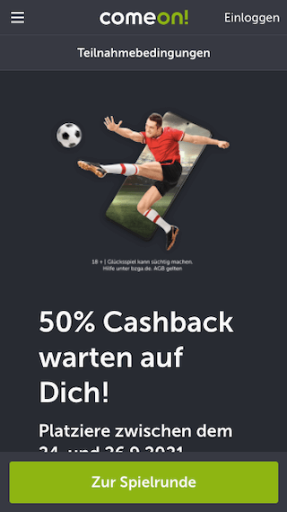 50% Cashback am 6. Spieltag der deutschen Bundesliga in der ComeOn App für Android & iPhone
