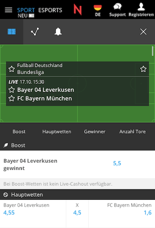 Quotenbost für Bayer Leverkusen gegen Bayern München in der Neobet App für Android & iPhone
