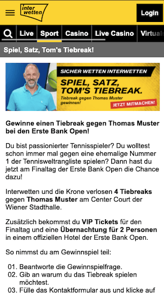 11 Euro Gratiswette, VIP-Tickets & Tie Break gegen Thomas Muster in der Interwetten App für Android & iPhone gewinnen