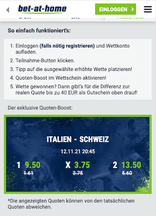 Top-Quote mit Quotenboost für Italien vs. Schweiz in der bet-at-home App für Android & iPhone