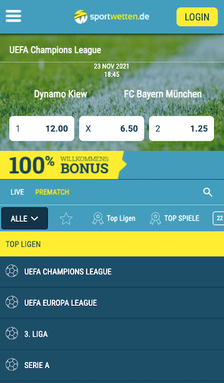 Startseite der Sportwetten.de App