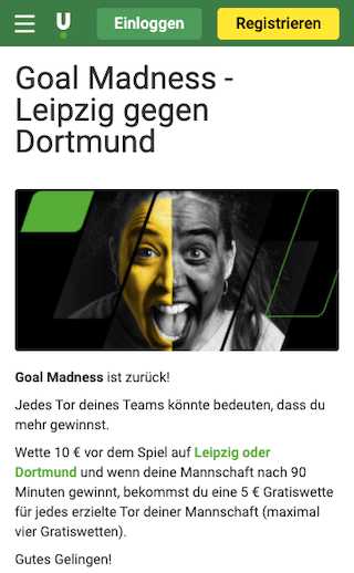 Freebets bei der Goal Madness für RB Leipzig gegen Dortmund in der Unibet App für Android & iPhone sichern