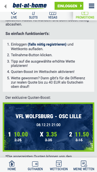 Verbesserte Wettquoten in der Champions League bei Wolfsburg - Lille in der Bet at home App für Android & iPhone