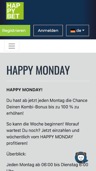 Kombi-Bonus am Happy Monday mit der Happybet App für Android & iPhone