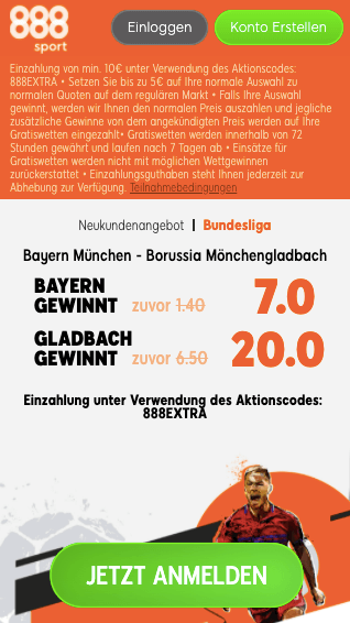Top-Quoten mit Quotenboost bei Bayern München - Gladbach in der 888sport App für Android & iPhone