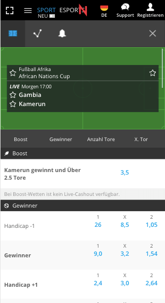 Stark verbesserte Wettquote für Gambia vs. Kamerun beim Afrika Cup 2022 in der Neobet App für Android & iPhone