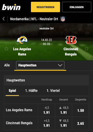 Alle Quoten & Wetten für LA Rams vs. Cincinnati Bengals im Super Bowl 2022 in der Bwin App für Android & iPhone
