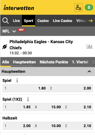 Wetten & Quoten für Kansas City Chiefs - Philadelphia Eagles in der Interwetten App für Android & iPhone
