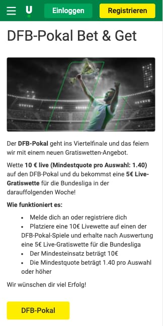 Freebet im DFB-Pokal Viertelfinale in der Unibet App für Android & iPhone