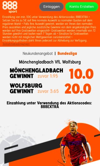 Quotenboost für Mönchengladbach - Wolfsburg in der 888sport App für Android & iPhone