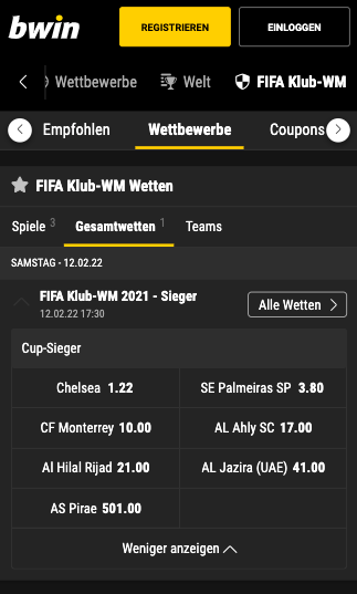 Wetten & Quoten für die Klub-WM 2021 in der Bwin App für Android & iPhone