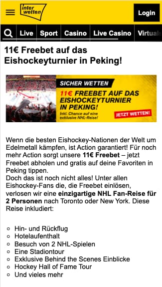 11 Euro Gratiswette im Eishockey-Turnier von Olympia in der Interwetten App für Android & iPhone