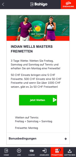 Tennis Freebet für das Indian Wells Masters 2022 mit der Bahigo App für Android & iPhone