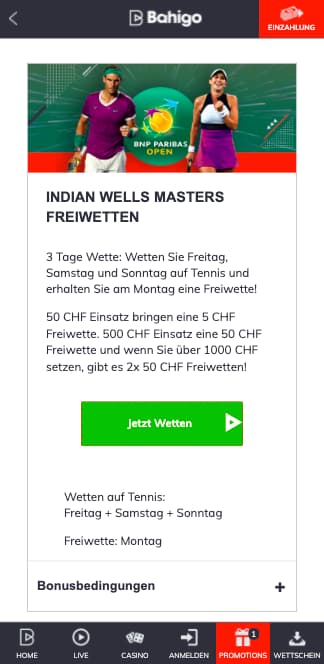 Tennis Freebet für das Indian Wells Masters 2022 mit der Bahigo App für Android & iPhone