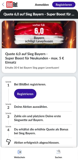 Quotenboost für Bayern München gegen Bayer Leverkusen in der BildBet App für Android & iPhone