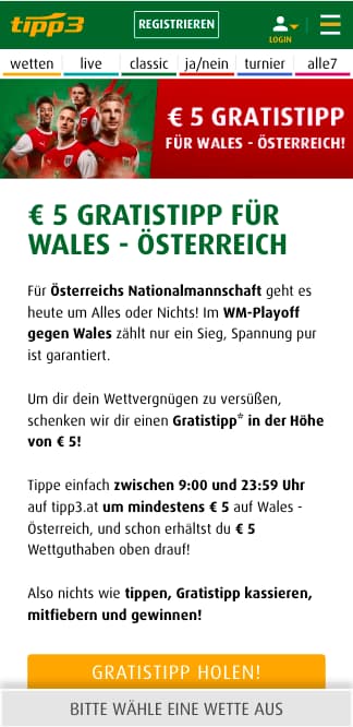 5 Euro Gratiswette bei Wales gegen Österreich in der Tipp3 App für Android & iPhone