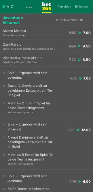 Quotenboosts für Juventus Turin - Villarreal in der Bet365 App für Android & iPhone