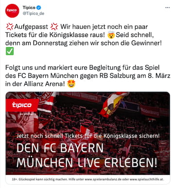 Gewinnspiel für Bayern-Tickets gegen Salzburg in der Tipico App für Android & iPhone
