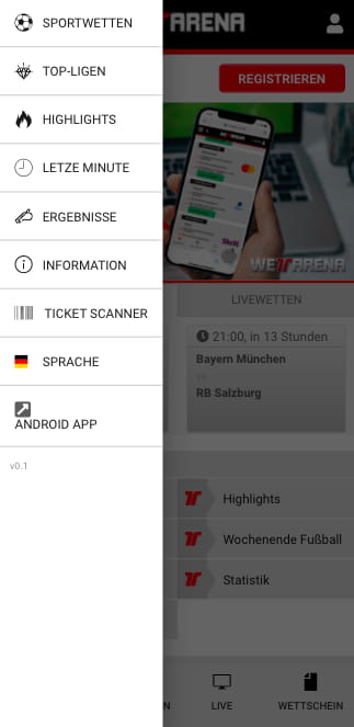 Menü der WettArena Applikation als Android APK, mobile und iOS-Version