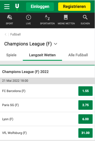 Alle Wetten & Quoten für FC Barcelona - Wolfsburg in der Unibet App für Android & iPhone
