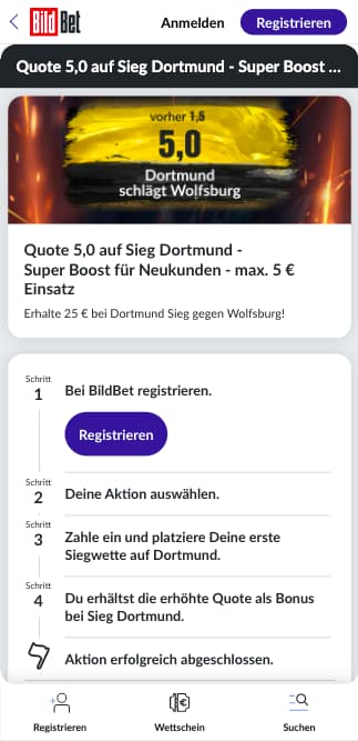 Top-Quote für Dortmund gegen Wolfsburg in der BildBet App für Android & iPhone