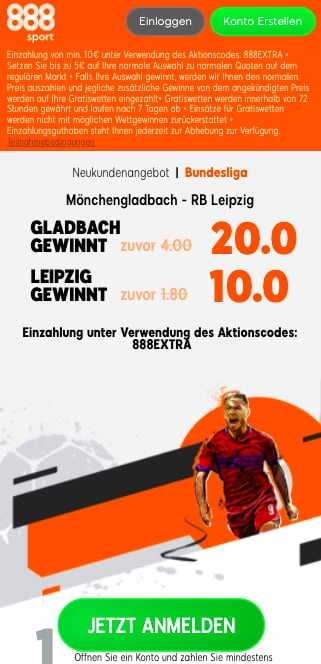 Quotenboosts für Mönchengladbach und RB Leipzig in der 888sport App für Android & iPhone