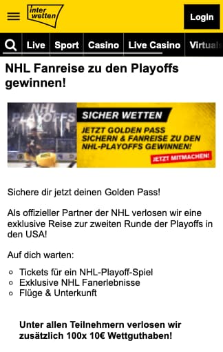 NHL-Playoffs Fanreise und Gratis-Wettguthaben in der Interwetten App für Android & iPhone