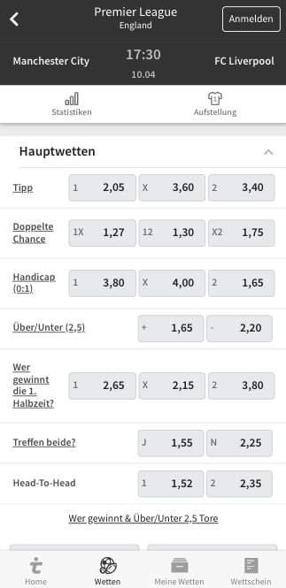 Alle Wettquoten für Manchester City gegen den FC Liverpool in der Tipico App für Android & iPhone