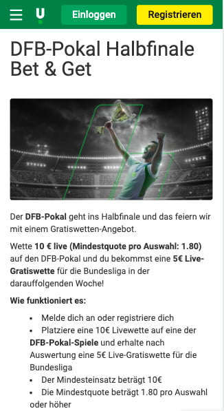 5 Euro Freebet im Halbfinale des DFB-Pokals in der Unibet App für Android & iPhone