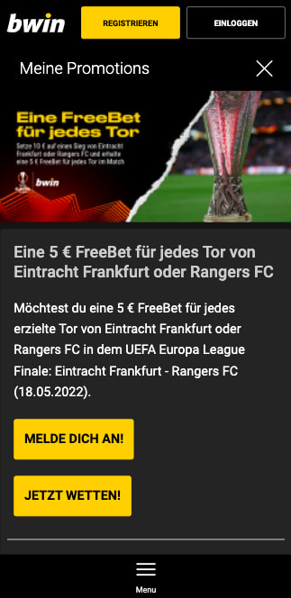 Gratiswetten für Eintracht Frankfurt - Glasgow Rangers in der Bwin App für Android & iPhone