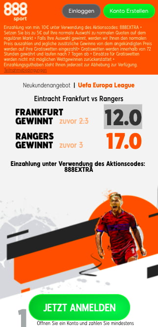Top-Quoten für Eintracht Frankfurt - Glasgow Rangers in der 888sport App für Android & iPhone