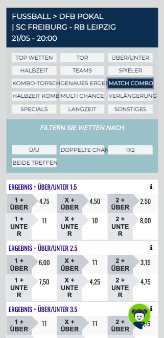 Match Combo Quoten für SC Freiburg - RB Leipzig in der Happybet App für Android & iPhone