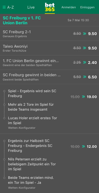 Top-Quote für SC Freiburg - Union Berlin in der Bet365 App für Android & iPhone