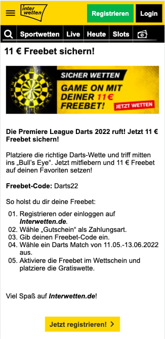 €11 Gratiswette für die Premier League Darts in der Interwetten App für Android & iPhone