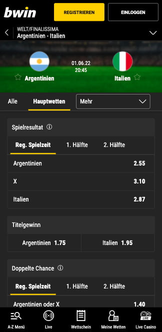 Alle Wetten & Quoten für Italien - Argentinien in der Bwin App für Android & iPhone