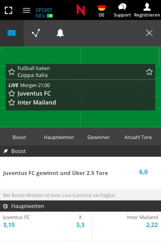 Top-Quote für Juventus Turin - Inter Mailand in der Neobet App für Android & iPhone