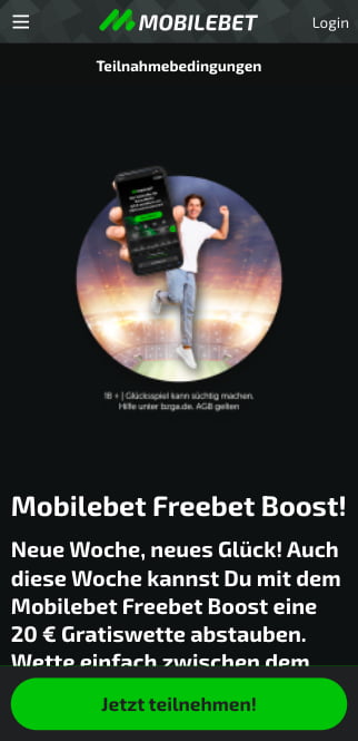 20 Euro Gratiswette mit Freebet Boost in der Mobilebet App für Android & iPhone