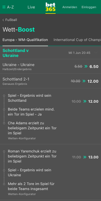 Verbesserte Wettquoten für Schottland - Ukraine in der Bet365 App für Android & iPhone