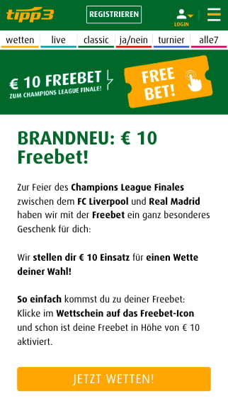 10 Euro Gratiswette im UCL Finale Liverpool - Real Madrid in der Tipp3 App für Android + iPhone