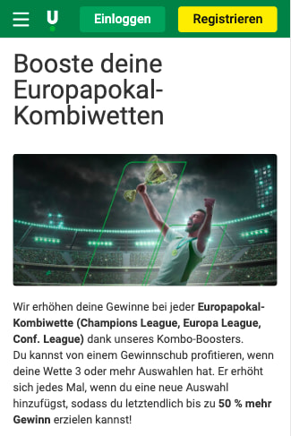 Quotenboost für Kombi-Wetten im Europapokal mit der Unibet App für Android & iPhone